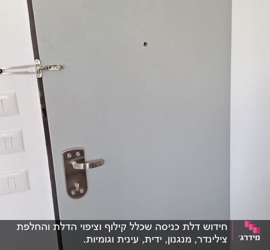 דלת אפורה עם ידית מתכת ומנעול
